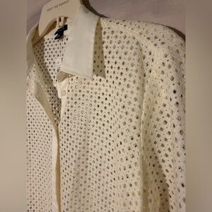 Ann Taylor Cream Openwork Collared Knit Button Down Blouse Top